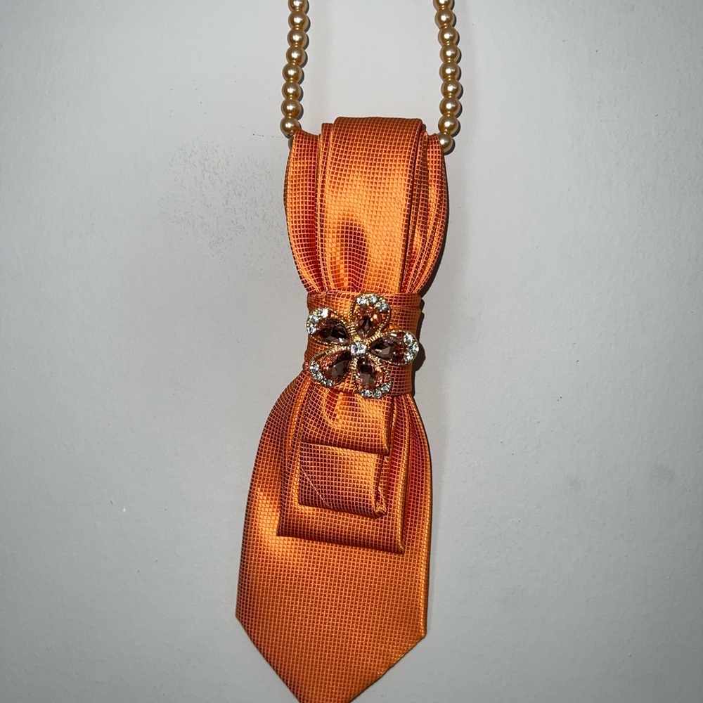 Orange Satin Tie with Beaded Necklace